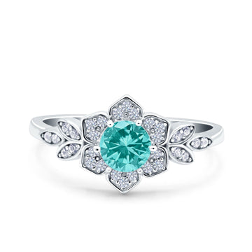 Halo Cluster Floral Wedding Ring Round Simulated Paraiba Tourmaline CZ 925 Sterling Silver
